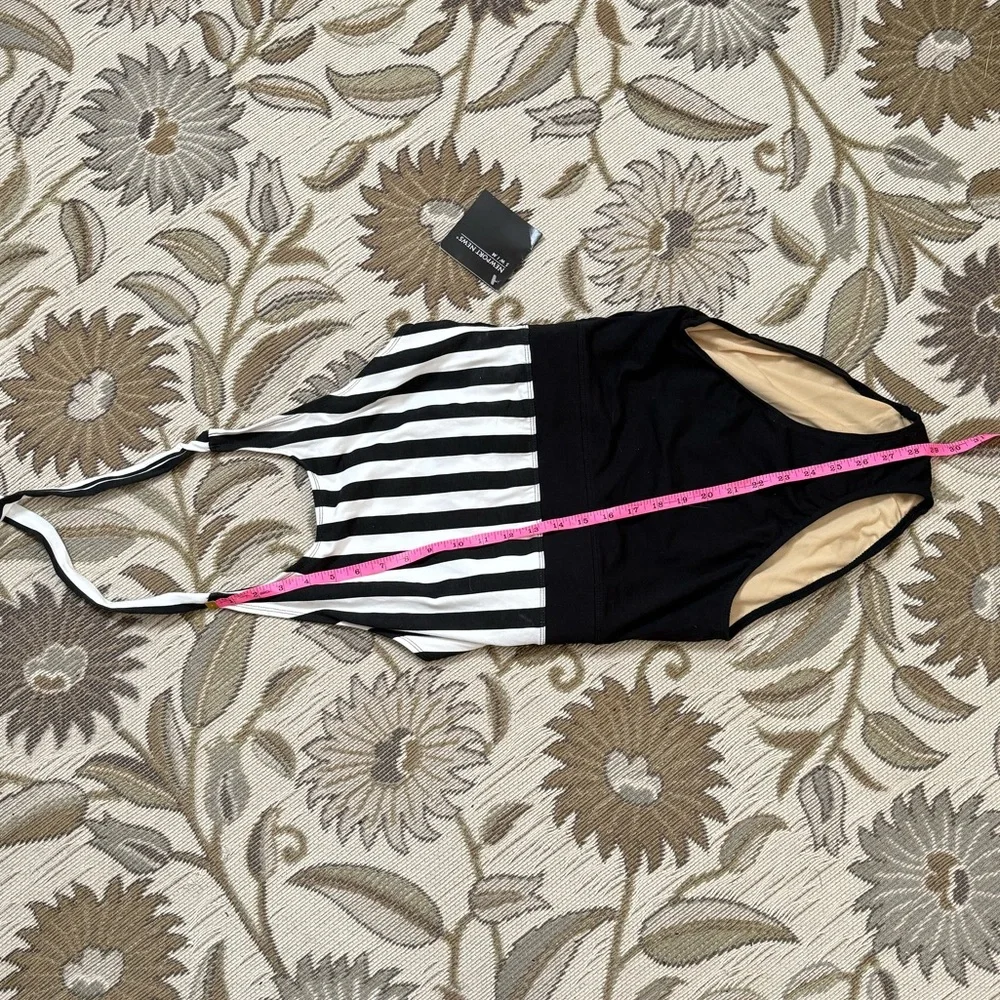Newport News Vintage Swimsuit Black White Stripes One Piece 10 New